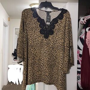 Robert Louis Animal Print Blouse with Black Lace